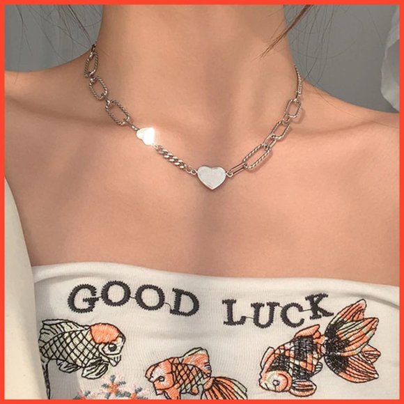 Silver Paper Clip and Cuban Multi Link Clavicle Length Necklace with 2 Hearts - Picture 3 of 7